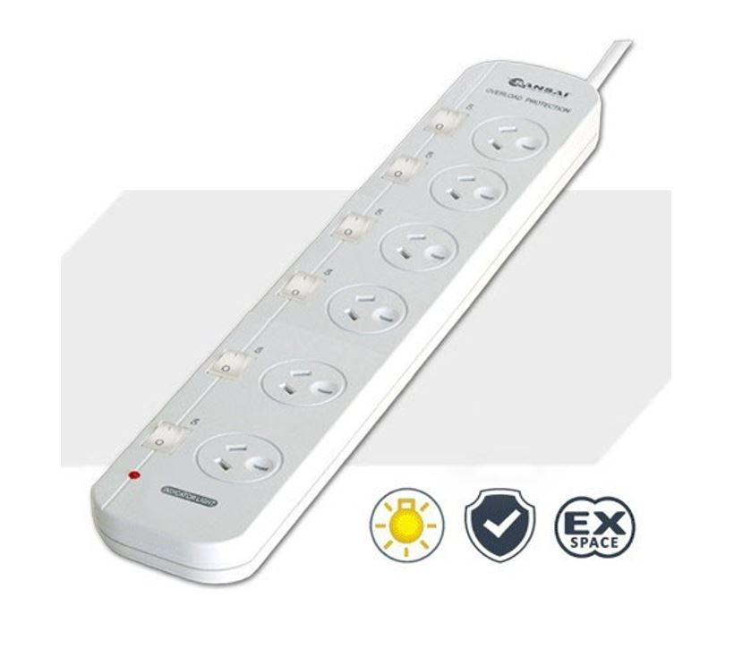 Sansai 6 Way Powerboard 6 Outlet 10A 240V Individually Switched 3 extra spaced sockets 1M Length Sansai 6 Way Powerboard 6 Outlet 10A 240V Individually Switched 3 extra spaced sockets 1M Length